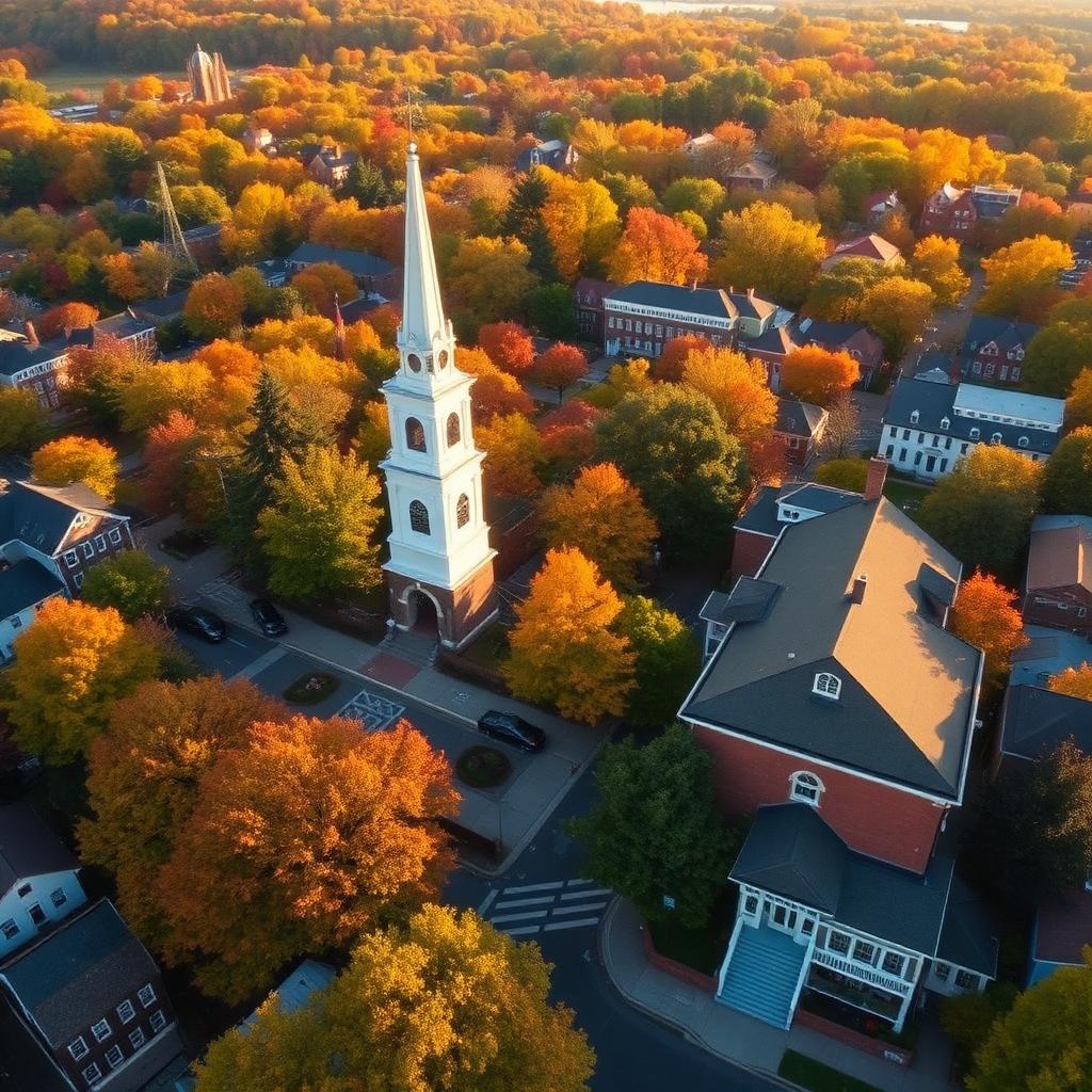 Aerial view of a Connecticut town in autumn
